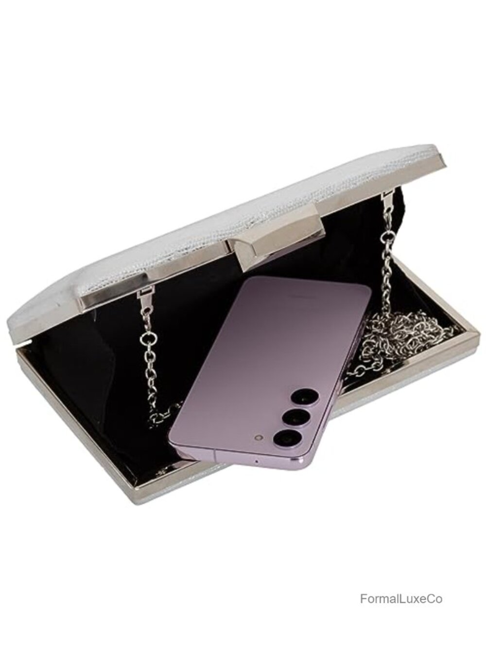 Metallic Material Hard Case Evening Party Clutch with Crossbody Chain - Picture 6 of 6
